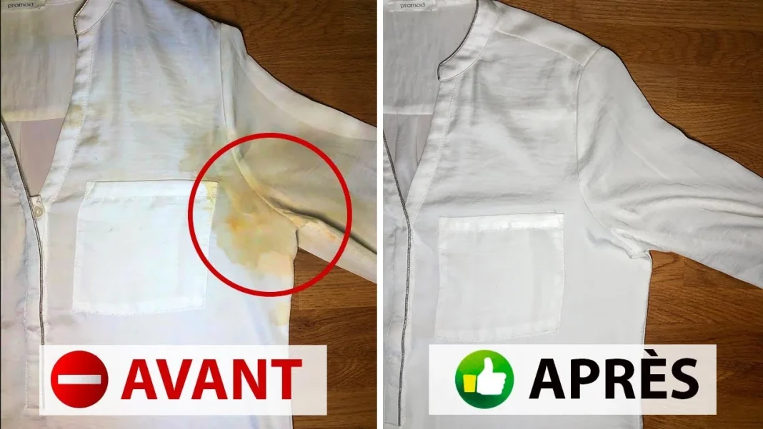 Astuce ! Éliminer facilement les tâches jaunes sur nos vêtements blancs Vêtements blancs avec tache jaune avant et après nettoyage.