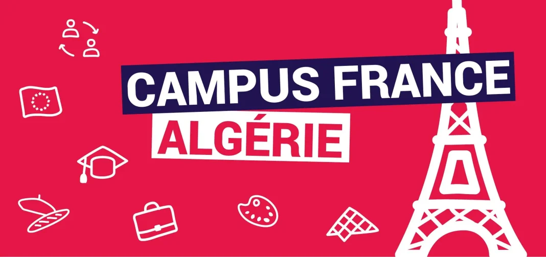Logo Campus France Algérie avec Tour Eiffel et icônes éducatives.