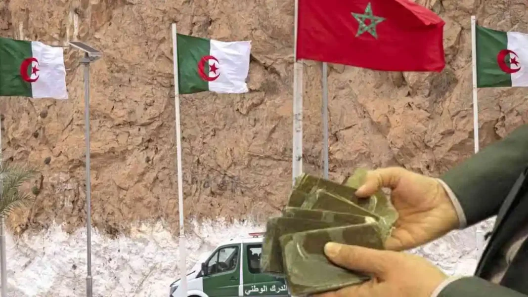 Et ça continue! Encore de la drogue saisie au niveau de la frontière algéro-marocaine Agent montrant des paquets de drogue avec drapeaux algérien et marocain en arrière-plan.