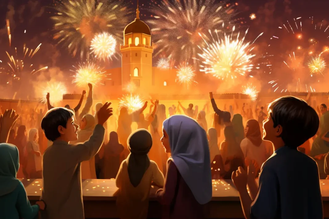 Fête du Mawlid Nabawi 2023 avec feux d'artifice et foule en fête en Algérie.
