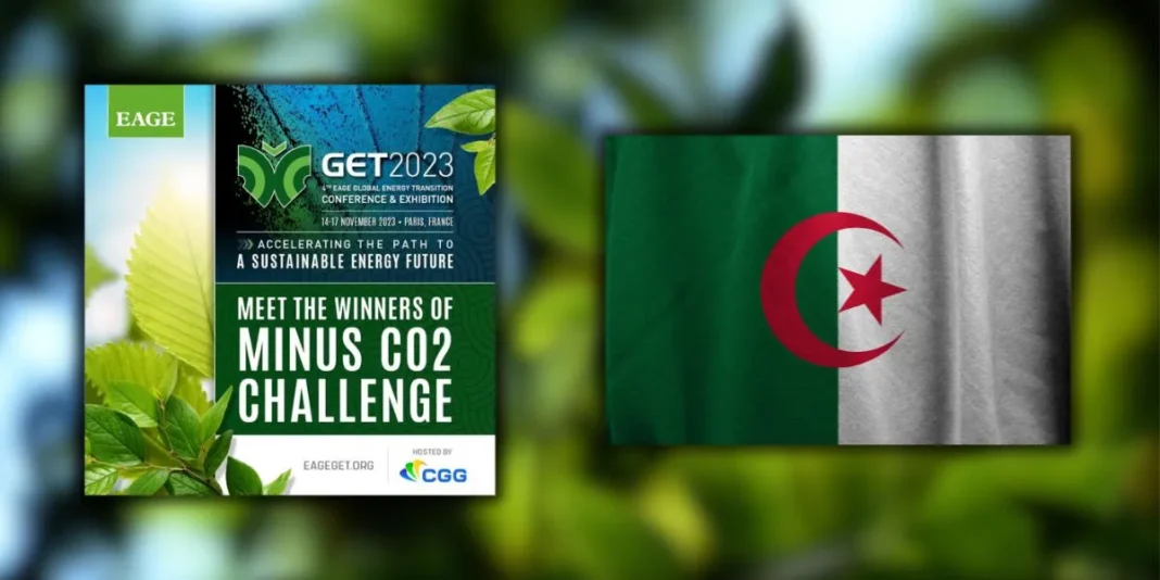 Concours MINUS CO2 2023 Algérie Drapeau algérien avec logo du concours MINUS CO2 2023.