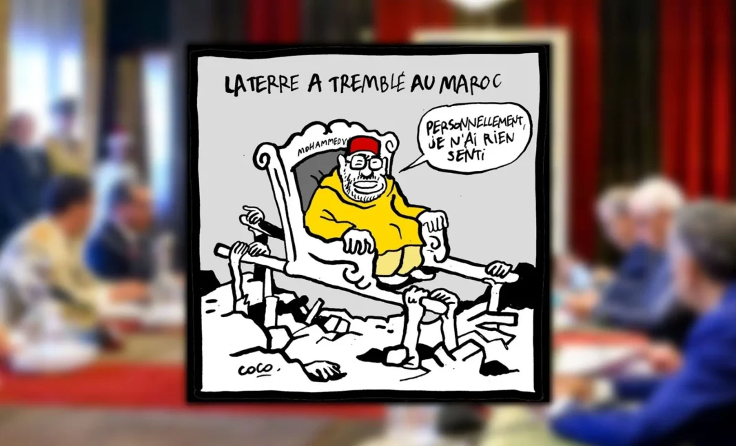 La caricature de Mohammed VI assis sur les décombres du séisme provoque une controverse intense Caricature de Mohammed VI assis sur des décombres, évoquant la crise au Maroc.
