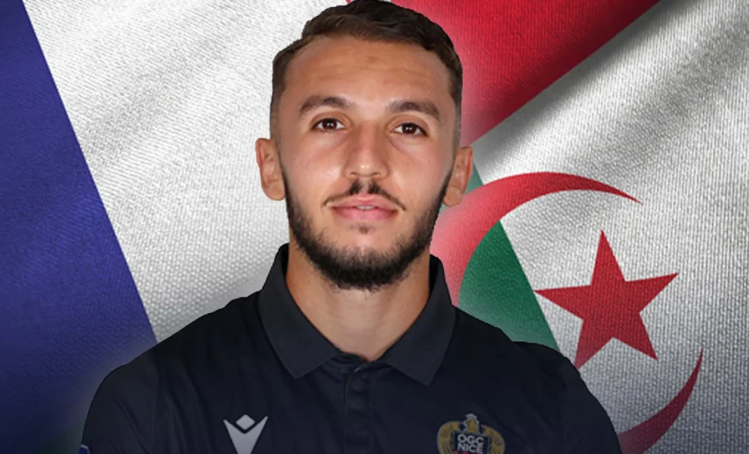 Amine Gouiri en portrait Amine Gouiri devant le drapeau algérien et français.