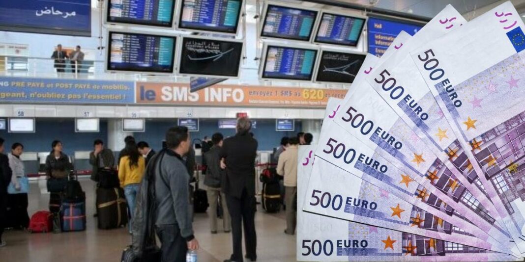 Contrôle douanier et échanges monétaires Groupe de voyageurs à un comptoir de douane avec des billets de 500 euros en premier plan.