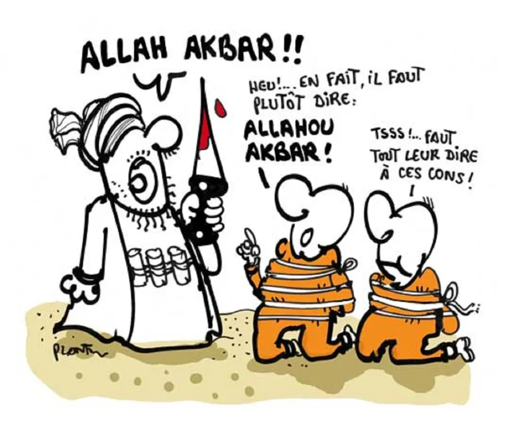 France : « Allah Akbar », source de nouvelle polémique ! Dessin humoristique avec deux personnages et une femme avec un couteau.