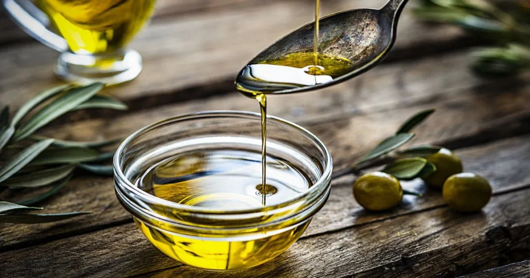 L’Algérie confrontée à une augmentation drastique du prix de l’huile d’Olive Huile d'olive versée dans une cuillère avec un bol à côté.
