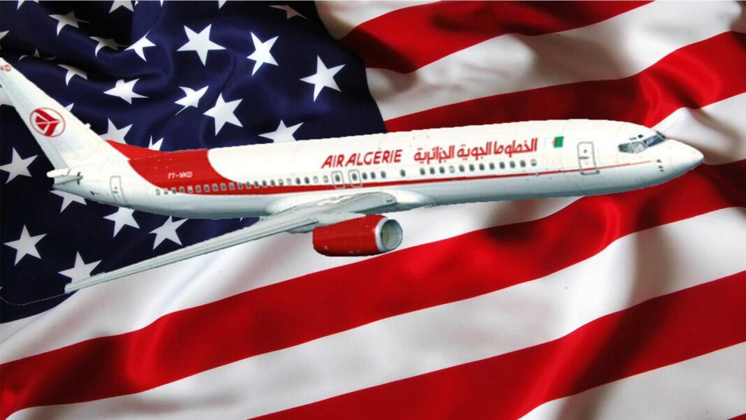 Avion Air Algérie sur drapeau américain Avion Air Algérie volant au-dessus du drapeau américain.