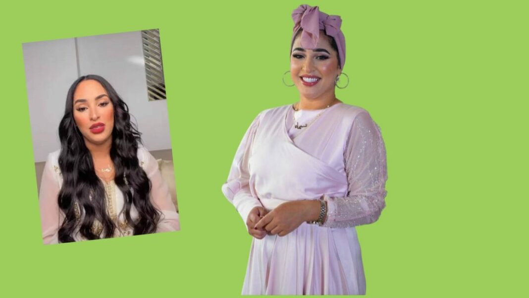 Maya Redjil portant un hijab violet, sourire et style élégant.