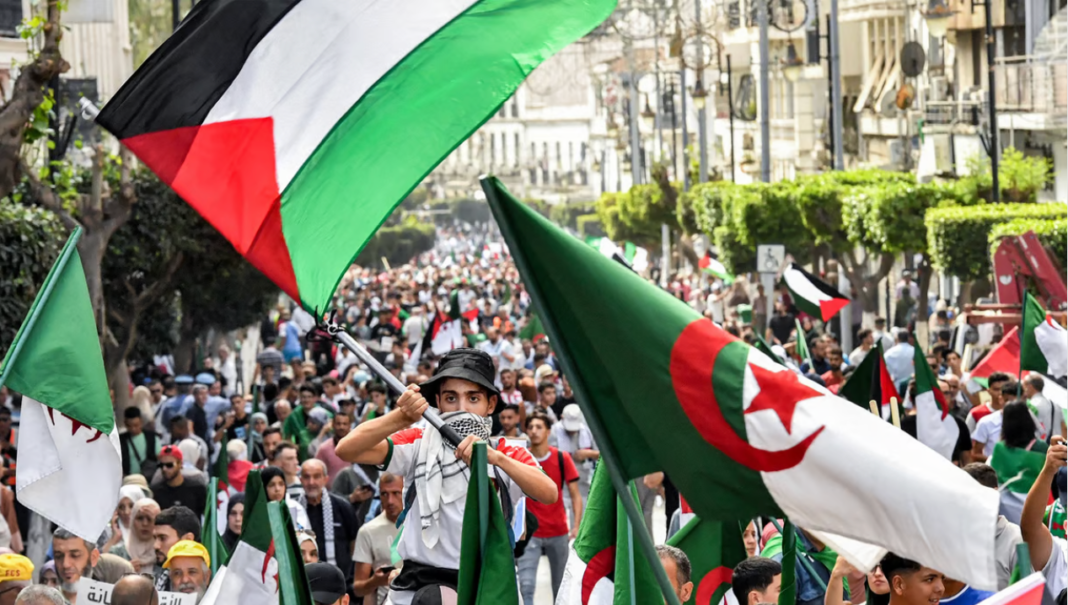 Décision amère pour la Palestine : ses matchs éliminatoires en Algérie refusés par la FIFA Manifestation en Algérie avec drapeaux palestiniens et algériens.