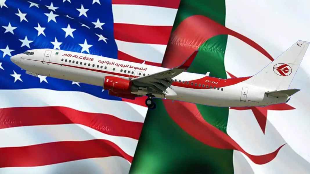 Bonne nouvelle! En route vers l’ouverture d’une ligne directe Alger-New York Avion Air Algérie sur fond de drapeaux américain et algérien.