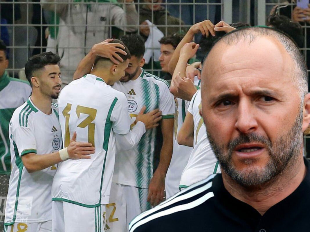 « CAN 2024 : Voici la liste des 25 joueurs convoqués par Djamel Belmadi L'équipe d'Algérie célèbre après un match, coach en avant-plan.
