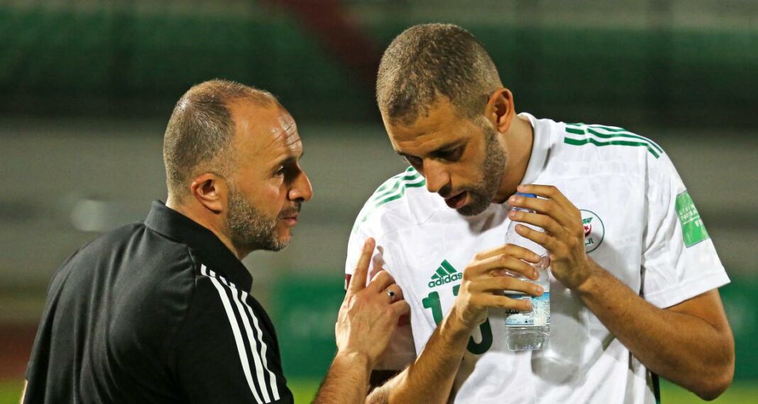 Honneur Mérité : La FIFA salue Djamel Belmadi et Islam Slimani pour leurs performances éclatantes Djamel Belmadi et Islam Slimani lors d'une célébration sportive.