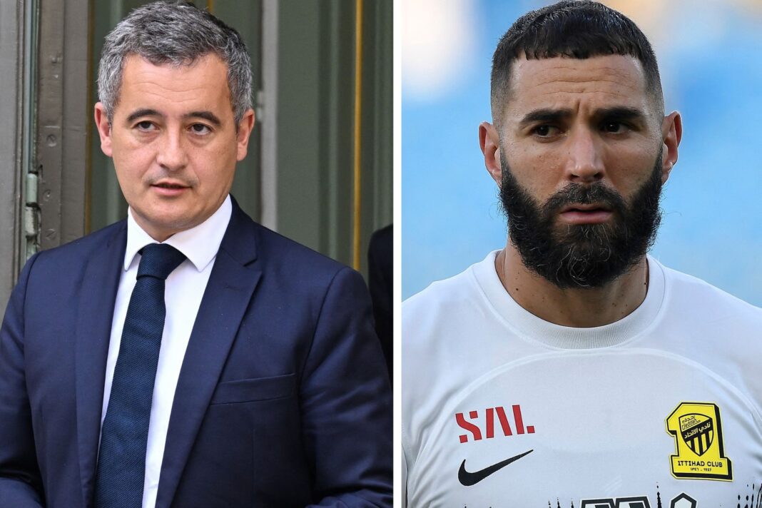 Plainte de Karim Benzema contre Gérald Darmanin : affaire sans suite selon la justice française Karim Benzema en tenue de football, visage sérieux, contexte sportif et polémique.