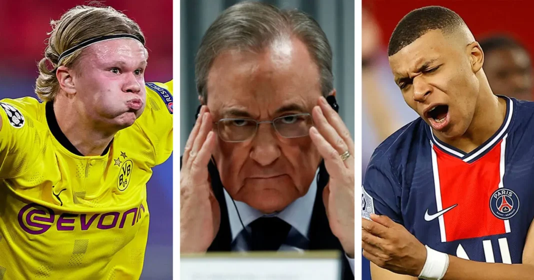 Portraits de Mbappé, Haaland et un entraîneur de football.