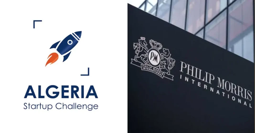 Algeria Startup Challenge 2023: Philip Morris Algérie brille de mille feux Logo du Défi Startup Algérie 2023 avec fusée et texte.
