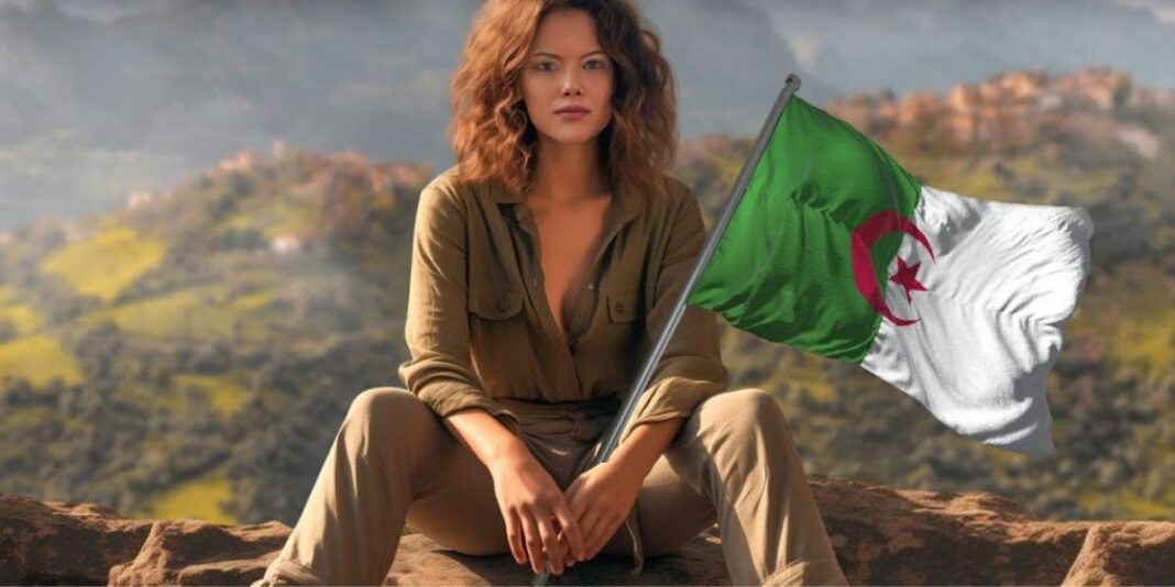 FitClaire, l’influenceuse Française qui conquiert Alger avec le Haïk Femme avec drapeau algérien dans un paysage naturel.