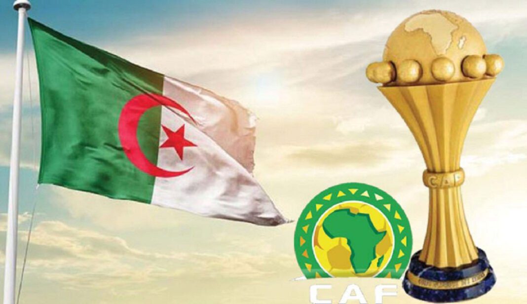 Éliminatoires CAN 2024 : La liste officielle de l’équipe d’Algérie dévoilée ! Drapeau de l'Algérie avec trophée de la CAN 2024.