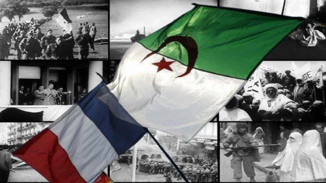 Drapeau algérien et images historiques Drapeau algérien flottant avec photos historiques en arrière-plan.