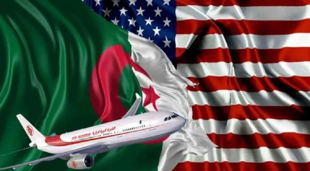 Ouverture d’une ligne Alger – New York : un rêve qui prend progressivement corps Avion sur fond de drapeaux d'Algérie et des États-Unis.