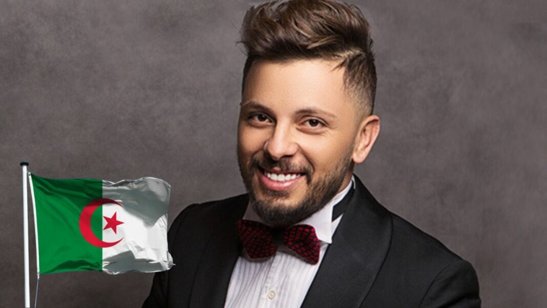 Hatim Ammor refuse de se produire en Algérie : Un geste artistique en soutien à la solidarité politique Hatim Ammor avec le drapeau algérien en soutien à la solidarité politique.