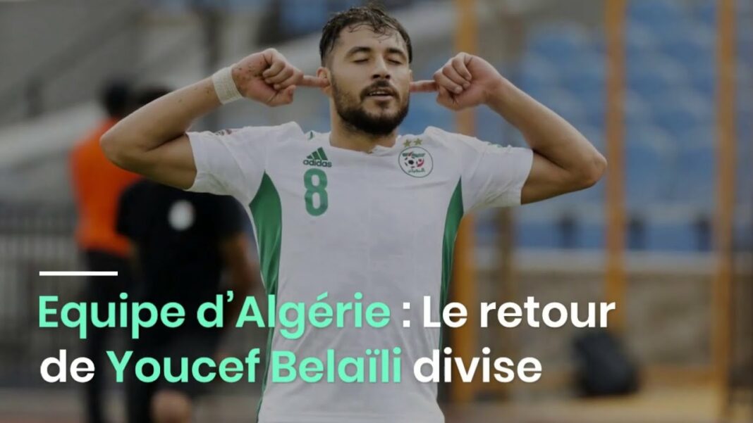 Youcef Belaili en action avec l'équipe d'Algérie Youcef Belaili, joueur algérien, lors d'un match de football.
