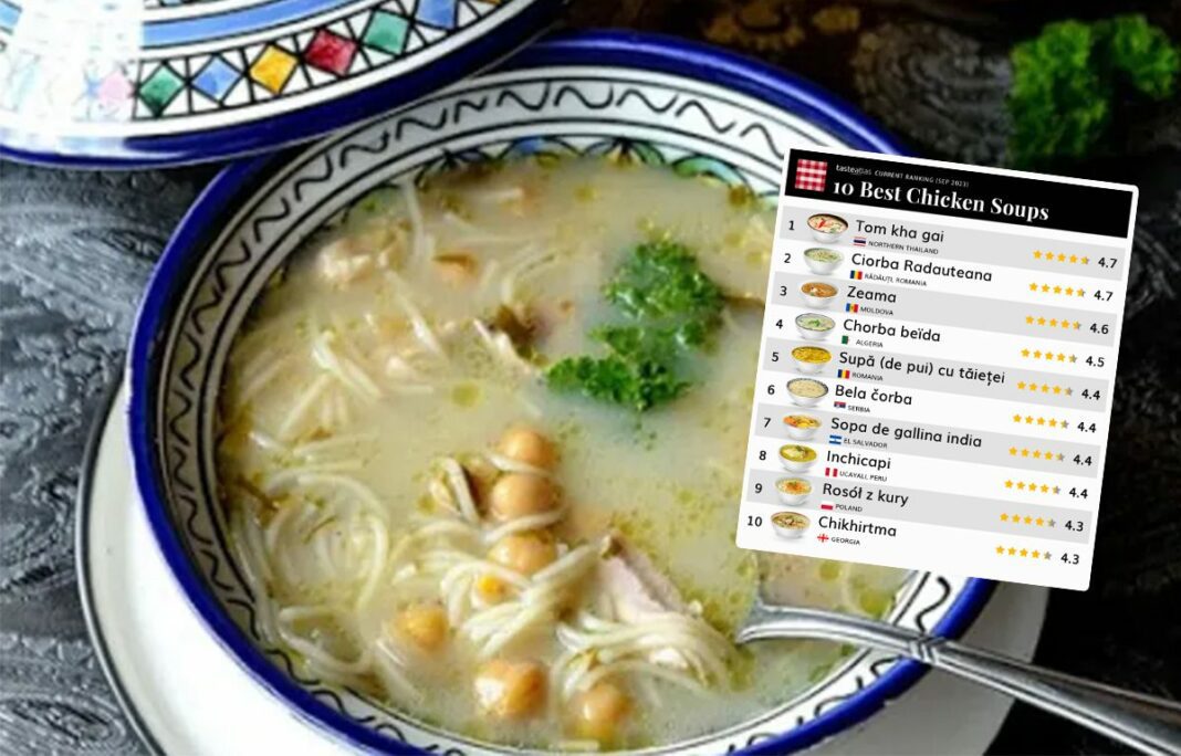 Soupe Chorba Beïda avec poulet et pois chiches dans un bol traditionnel.