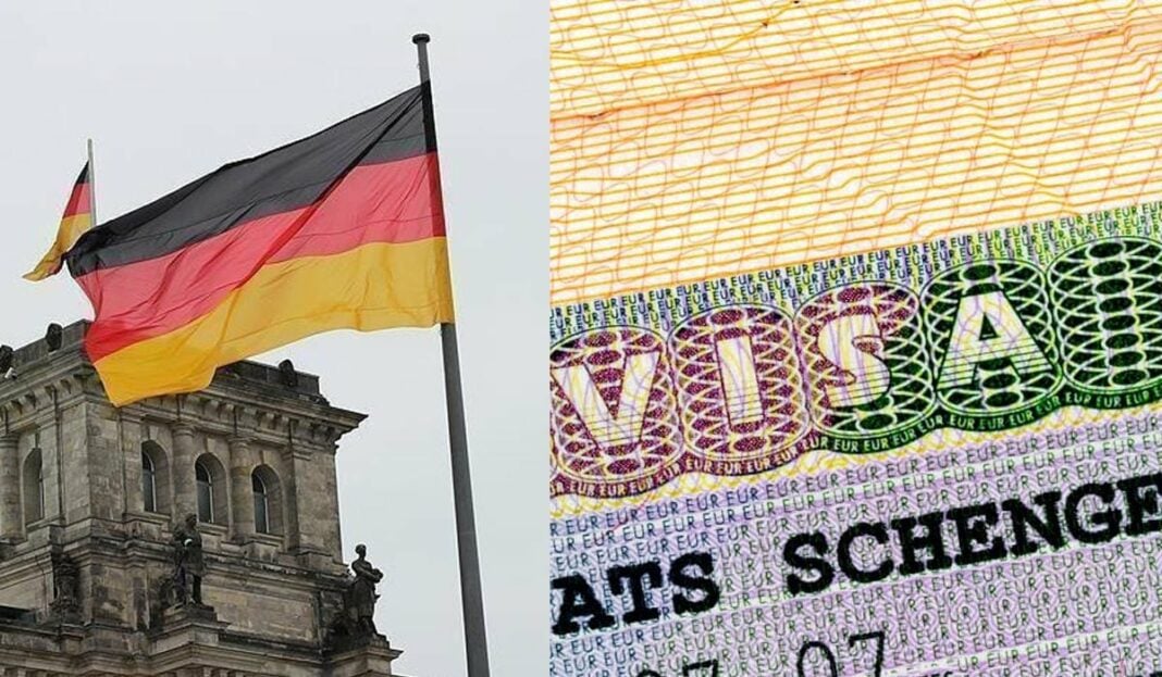 Drapeau allemand et document Schengen Drapeau allemand et document de visa Schengen pour l'Allemagne.