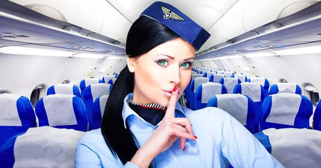 Hôtesse de l'air demandant le silence à bord d'un avion.