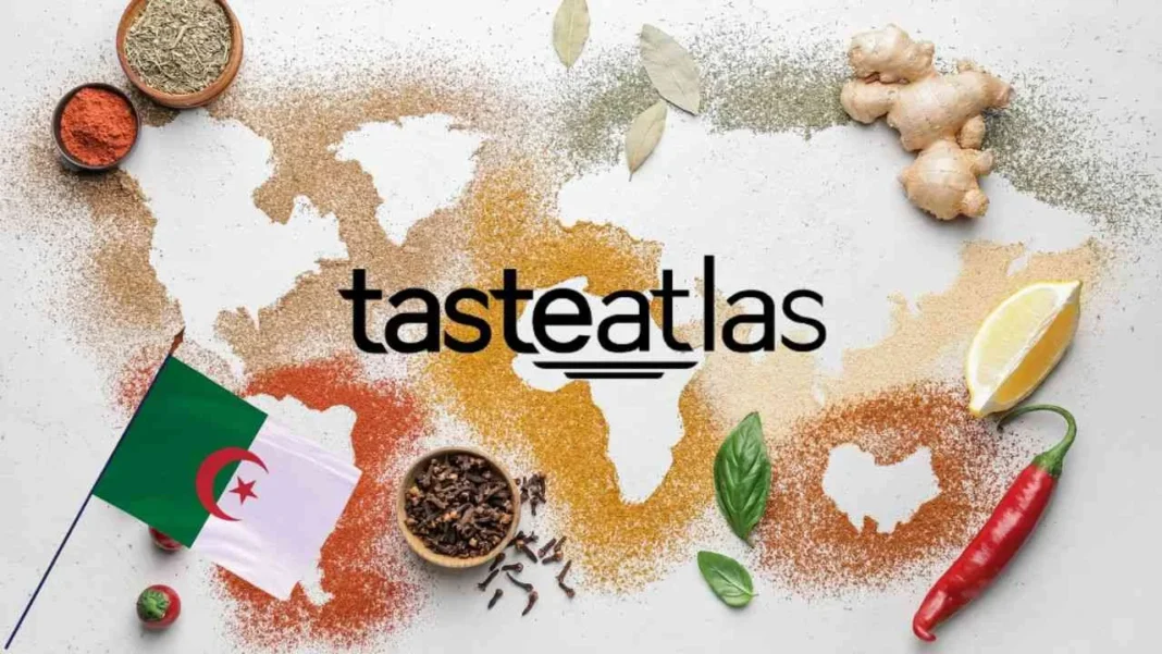 Taste Atlas 2023 : Découvrez la cuisine algérienne dans le Top 100 des meilleures cuisines mondiales Carte du monde avec épices, citron, gingembre et piment, logo TasteAtlas et drapeau algérien.