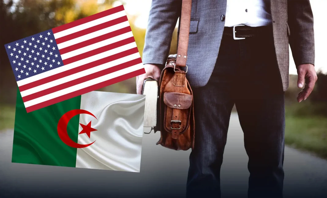 Homme avec valise et drapeaux des USA et d'Algérie.