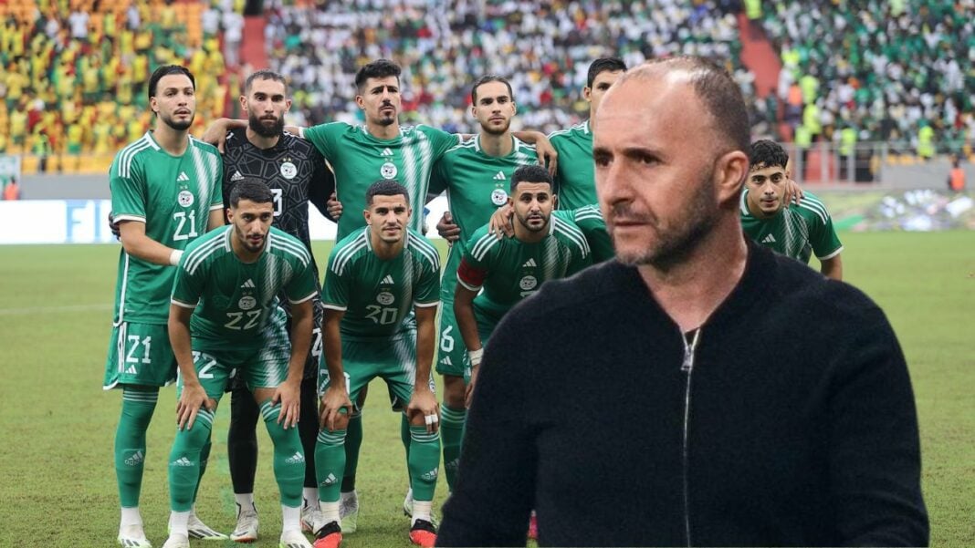 CAN 2023 : Après une série de mauvaises nouvelles, Belmadi reçoit une bonne nouvelle Groupe de joueurs algériens avec leur entraîneur sur le terrain.