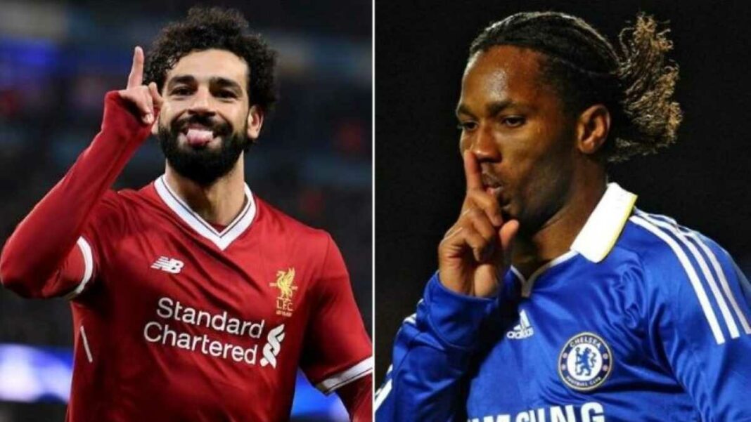 Didier Drogba et Mohamed Salah Didier Drogba et Mohamed Salah lors d'un match de football.