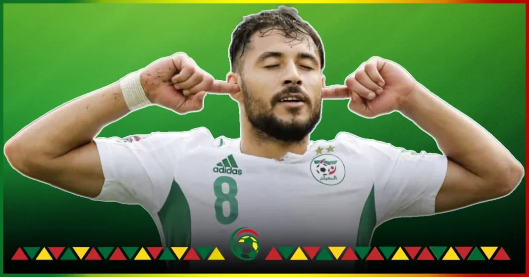 Youcef Belaïli en action pour l'Algérie Youcef Belaïli, joueur algérien, célébrant lors d'un match de football.