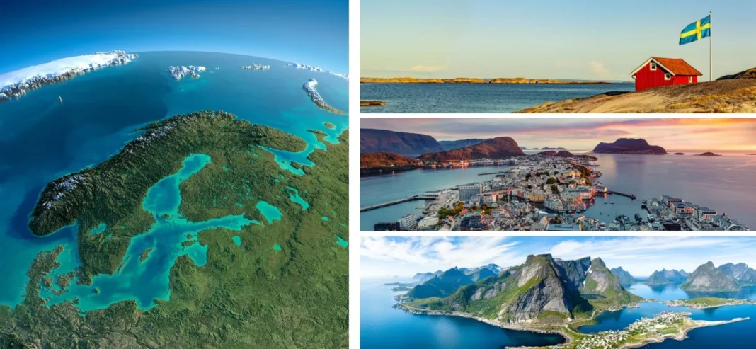 Voyage en Europe-2024 : Découvez les cinq destinations à visiter en Scandinavie Paysages de Scandinavie avec fjords, villages et nature sauvage.