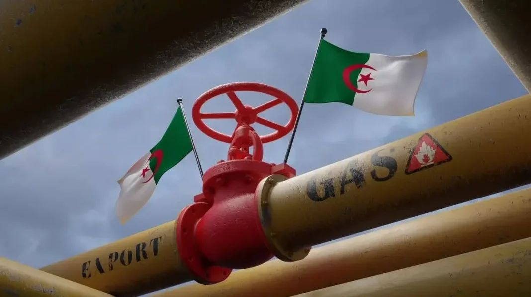 Gazoduc avec drapeaux algériens et valve rouge.