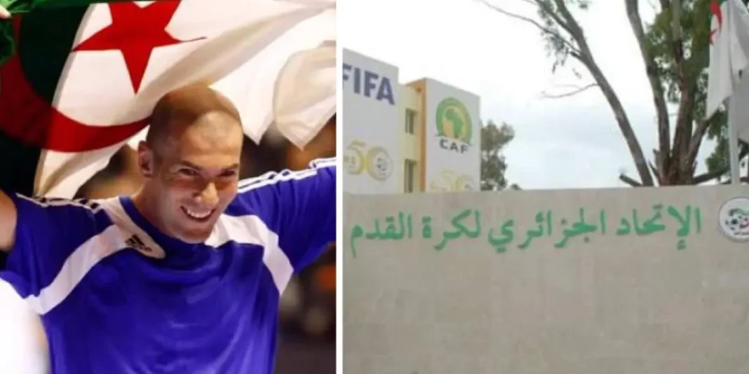 Zidane sur le banc algérien, la FAF, loin d’abandonner, déploie les grands moyens pour la cause Zidane en tenue de football avec drapeau algérien en arrière-plan.