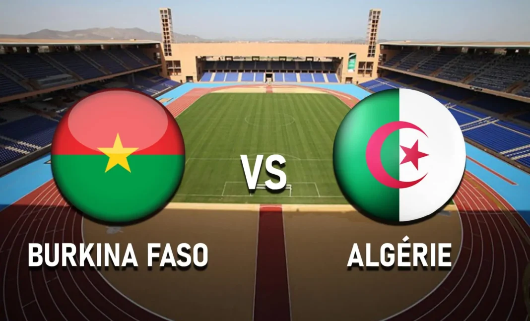 Match Algérie vs Burkina Faso Stade de football avec drapeaux de l'Algérie et du Burkina Faso.