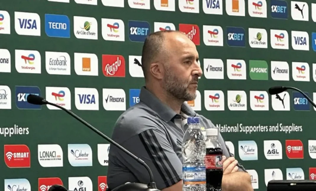 Djamel Belmadi lors d'une conférence de presse Djamel Belmadi, entraîneur, lors d'une conférence de presse.