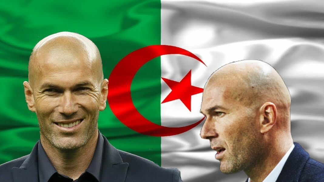 Zidane face à face avec un représentant algérien, fond de drapeau algérien et français.