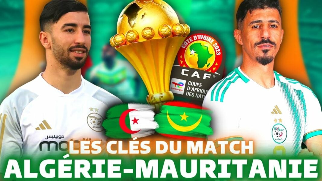 Pronostic CAN 2023 : Mauritanie vs Algérie – Match nul et Bounedjah buteur Match de football Algérie contre Mauritanie avec trophée et drapeaux.