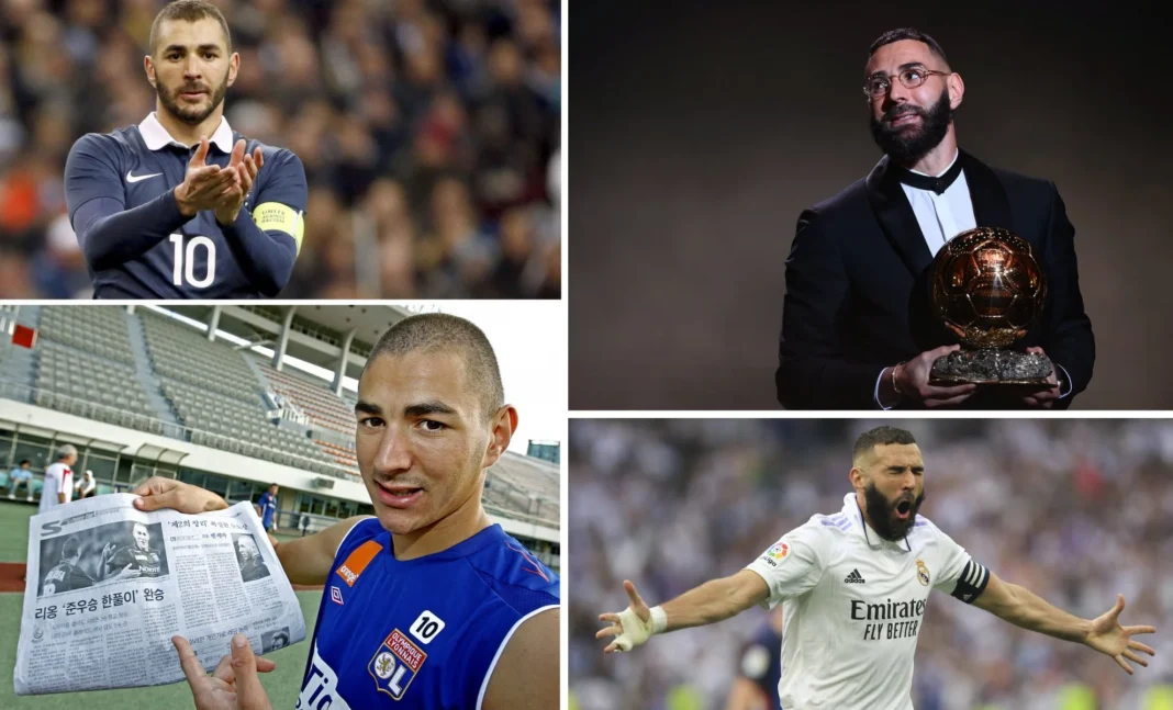 Karim Benzema : La Success Story d’un attaquant d’exception et les Liens Indéfectibles de sa Famille Karim Benzema en action, recevant un prix, lisant un journal, célébrant sur le terrain.