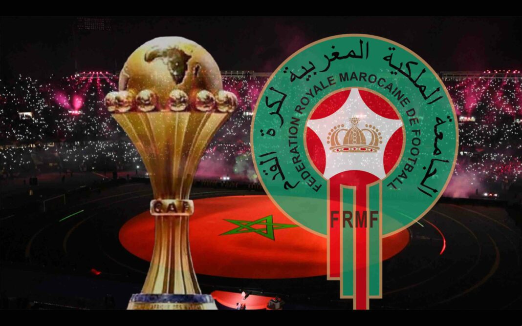 Trophée de la CAN 2025 avec logo de la Fédération Royale Marocaine de Football.