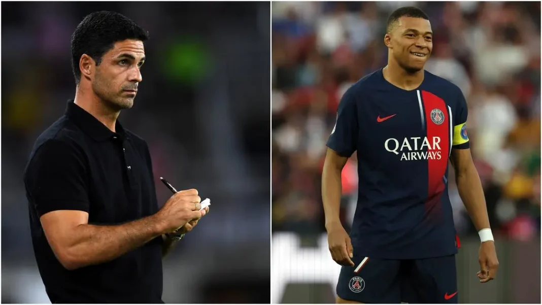 Kylian Mbappe à Arsenal, Mikel Arteta conquis par l’idée Kylian Mbappé en maillot de Paris Saint-Germain, sourire confiant.