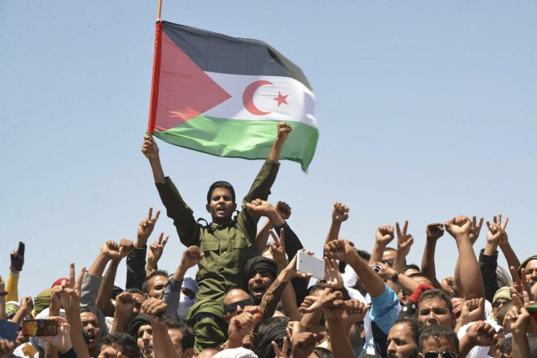 L’Algérie et le Polisario se Réunissent à Alger : Renforcement des Liens Diplomatiques dans la Quête d’une Solution au Conflit du Sahara Occidental Manifestants algériens avec drapeau du Sahara Occidental.