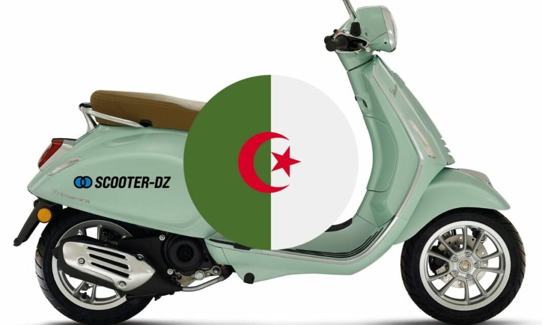 Les motos Piaggio débarquent en Algérie prochainement Scooter Piaggio avec drapeau algérien en fond.
