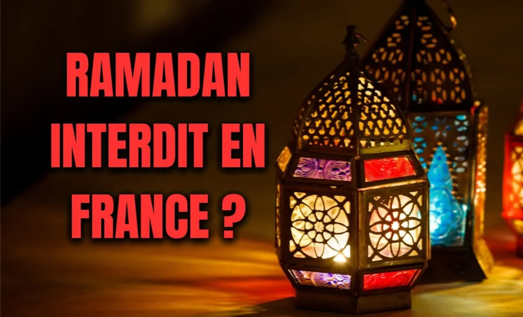 Le ramadan interdit en France? Fake-News ou vérité Lanterne orientale colorée avec texte sur Ramadan interdit en France.