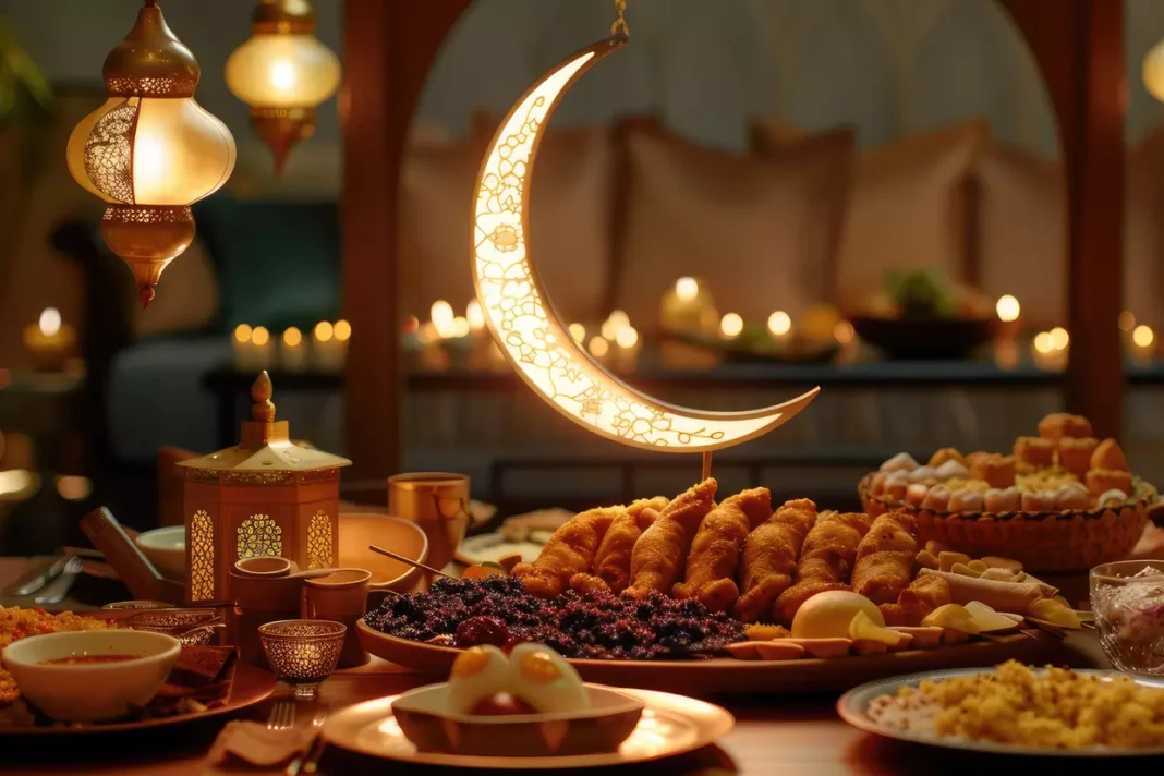 Début officiel du Ramadan 2024 en Algérie : Annonce du Ministère des Affaires Religieuses et des Wakfs Table de Ramadan avec dattes, thé et décorations lumineuses.