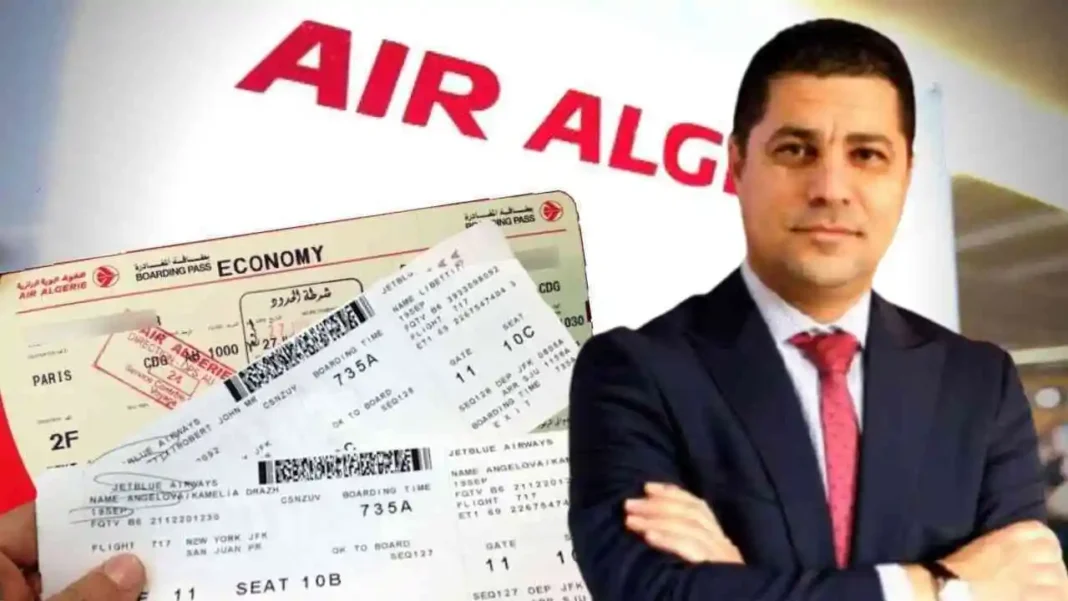 Remboursement de billets non utilisés : Air Algérie porteuse d’une excellente nouvelle Homme en costume avec billets d'avion et logo Air Algérie en arrière-plan.
