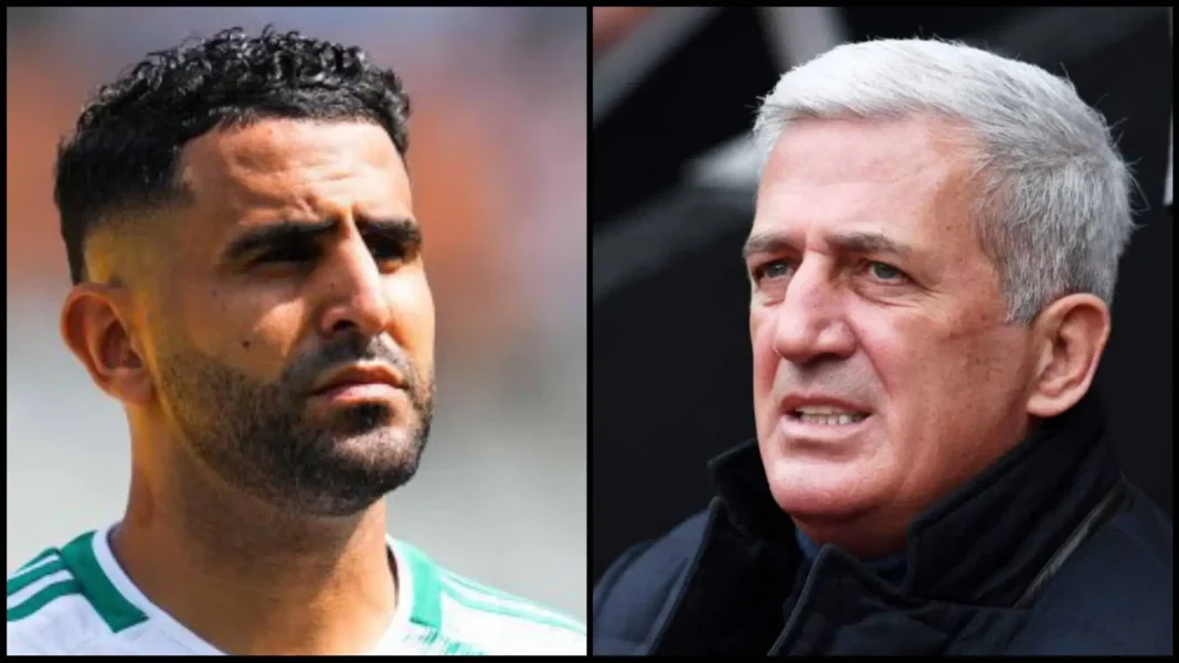 Riyad Mahrez et Vladimir Petkovic lors d'un match de football.