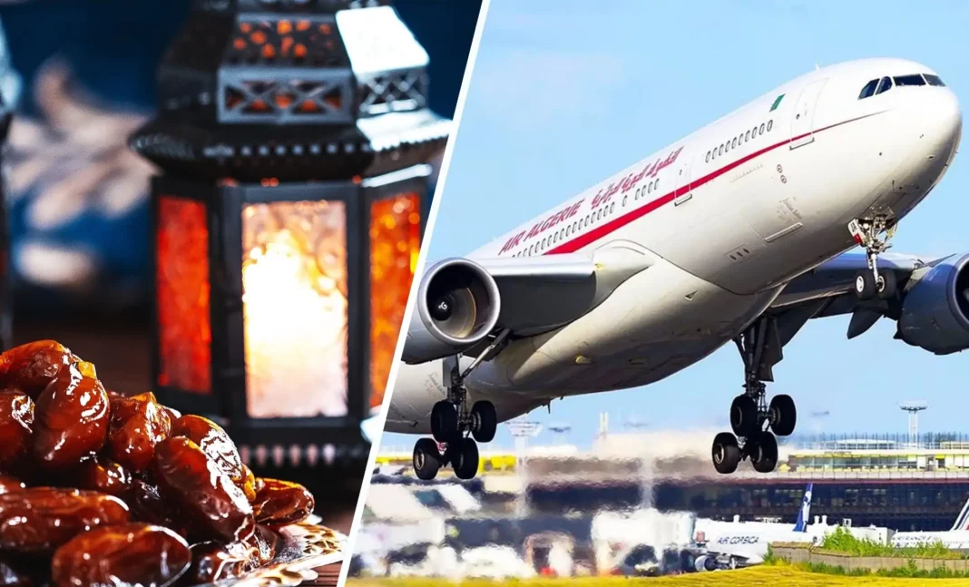 Envolez-vous avec Air Algérie vers des Destinations Excitantes ce Ramadan ! Avion Air Algérie en vol avec plats traditionnels du Ramadan.